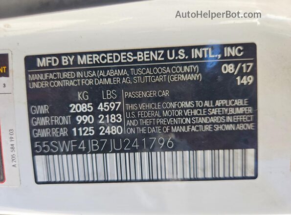 55SWF4JB7JU241796 2018 MERCEDES-BENZ C Белый Вид наклейки с VIN-кодом