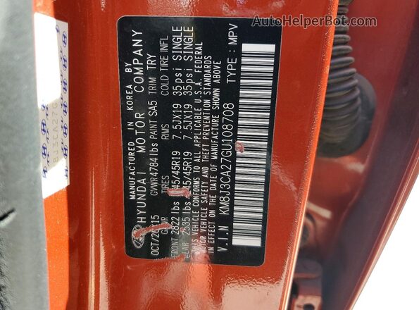 KM8J3CA27GU108708 2016 HYUNDAI TUCSON Orange Панорамний вид салону 360°