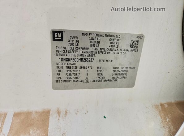 1GNSKFEC0HR266237 2017 CHEVROLET TAHOE White 