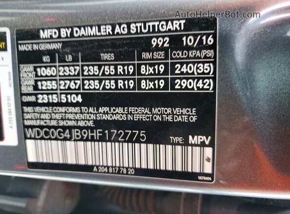 WDC0G4JB9HF172775 2017 MERCEDES-BENZ GLC-CLASS Gray Vista interior de 360 grados