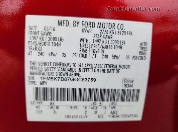 1FM5K7B87GGC53759 2016 FORD EXPLORER Red Vista interior de 360 grados