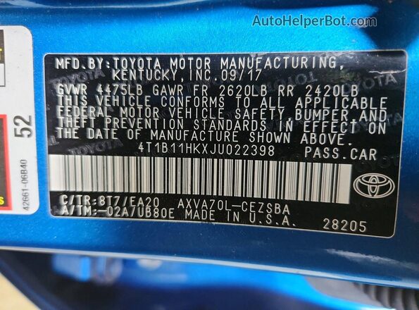 4T1B11HKXJU022398 2018 TOYOTA CAMRY Blue Вид наклейки з VIN-кодом