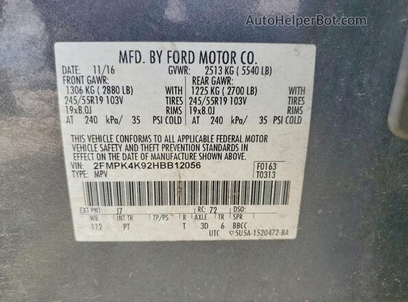 2FMPK4K92HBB12056 2017 FORD EDGE Серый Панорамный вид салона 360°