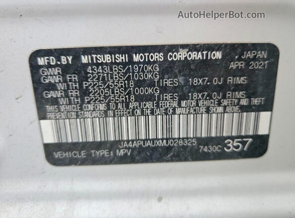 JA4APUAUXMU028325 2021 MITSUBISHI OUTLANDER White Widok naklejki z numerem VIN