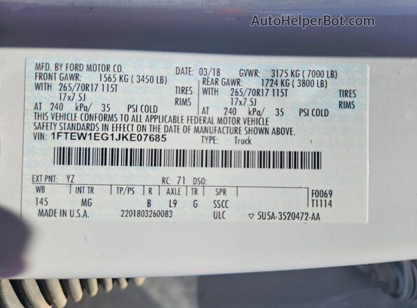 1FTEW1EG1JKE07685 2018 FORD F150 White 