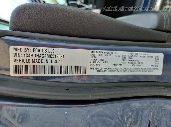 1C4RDHAG4MC519031 2021 DODGE DURANGO Blue 