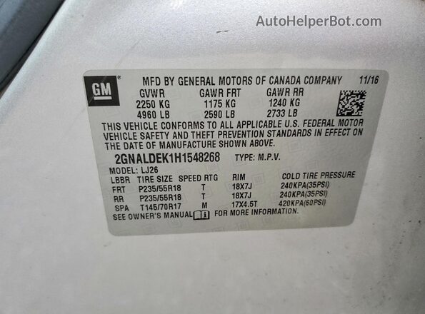 2GNALDEK1H1548268 2017 CHEVROLET EQUINOX Silver Widok wnętrza 360 stopni