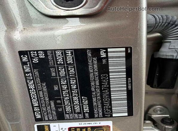 4JGFB4KB9NA784623 2022 MERCEDES-BENZ GLE Silver VIN կոդի պիտակի տեսք
