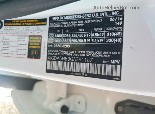 4JGDA5HB3GA791187 2016 MERCEDES-BENZ GLE White 