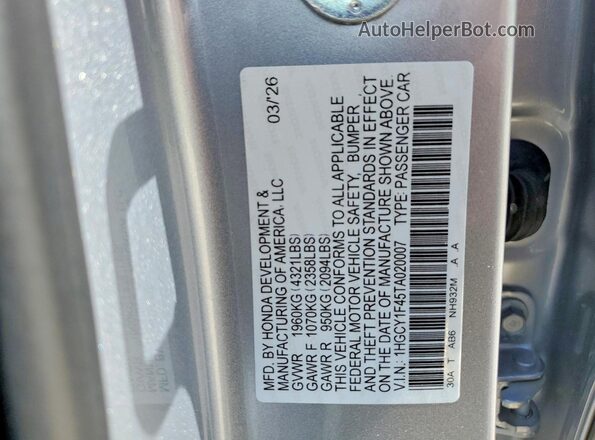 1HGCY1F45TA020007 2026 HONDA ACCORD Silver VIN sticker view