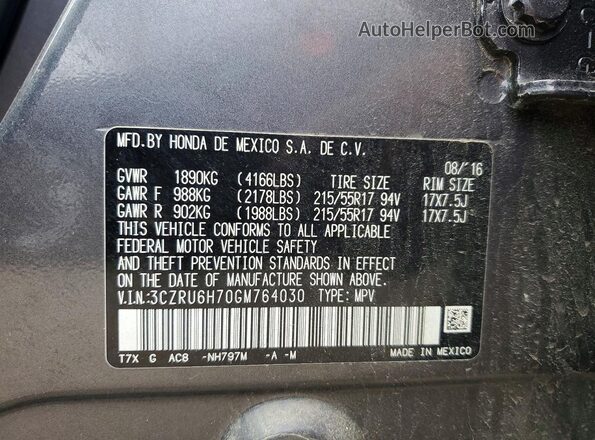 3CZRU6H70GM764030 2016 HONDA HR-V Gray 
