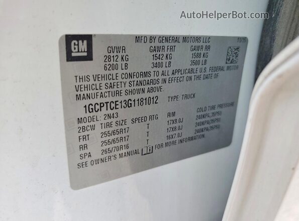 1GCPTCE13G1181012 2016 CHEVROLET COLORADO White 