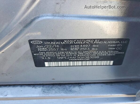 5NPE24AF5GH383098 2016 HYUNDAI SONATA Серебряный 