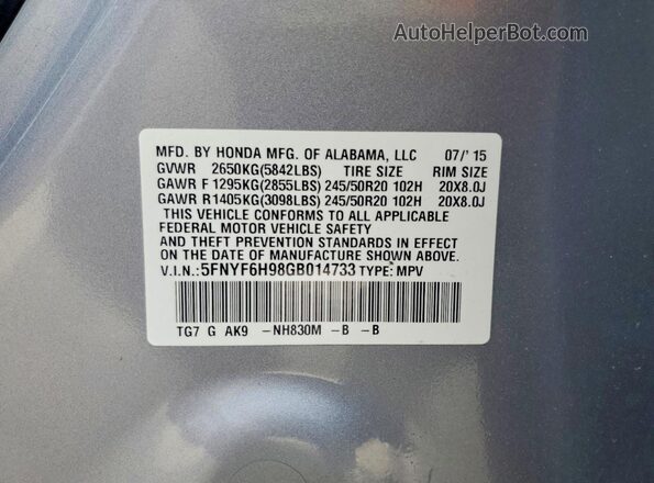 5FNYF6H98GB014733 2016 HONDA PILOT Silver 