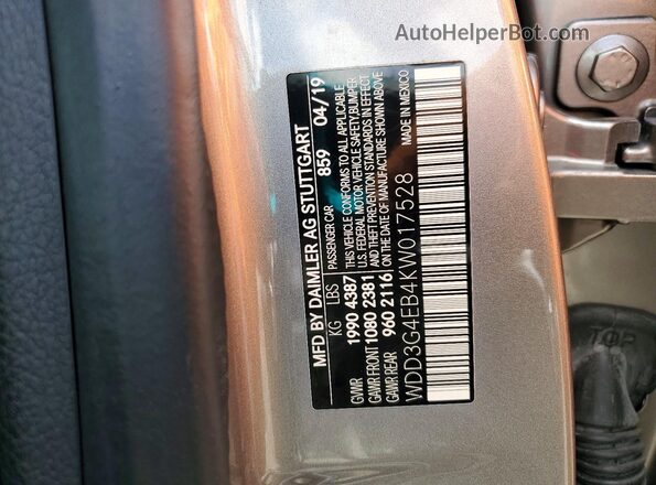 WDD3G4EB4KW017528 2019 MERCEDES-BENZ A-CLASS Серебряный Вид наклейки с VIN-кодом