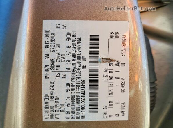 1FMCU0G61MUA14107 2021 FORD ESCAPE Tan 