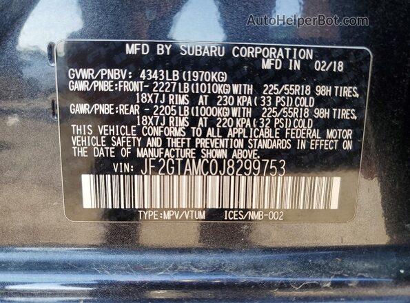 JF2GTAMC0J8299753 2018 SUBARU CROSSTREK Charcoal VIN კოდის სტიკერის ხედი