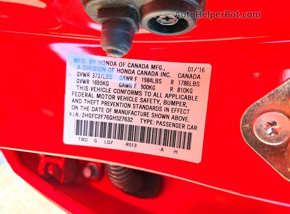 2HGFC2F76GH527632 2016 HONDA CIVIC Red Вид наклейки з VIN-кодом