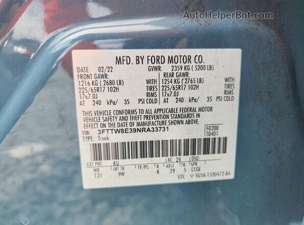 3FTTW8E39NRA33731 2022 FORD MAVERICK Blue 