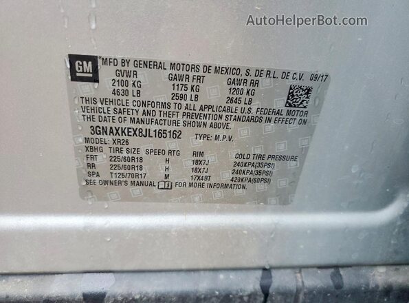 3GNAXKEX8JL165162 2018 CHEVROLET EQUINOX Silver 
