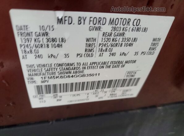 1FM5K8D84GGB35011 2016 FORD EXPLORER Maroon 