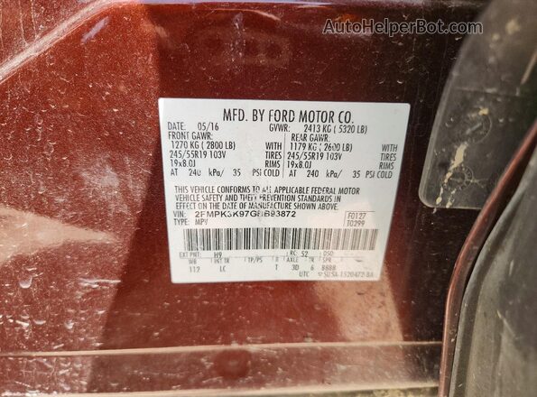 2FMPK3K97GBB93872 2016 FORD EDGE Красный Панорамный вид салона 360°