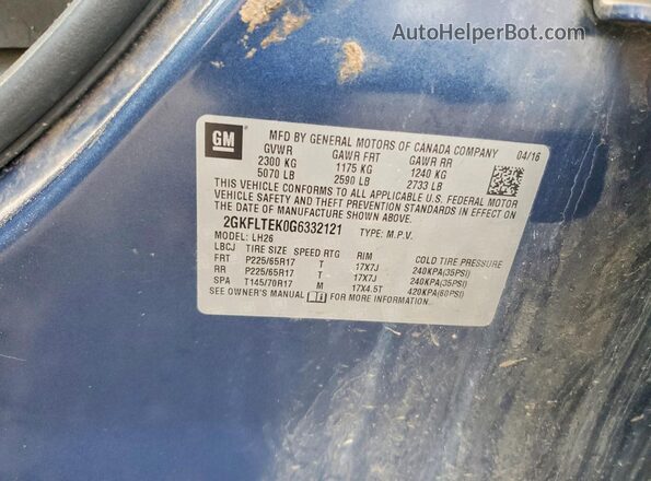2GKFLTEK0G6332121 2016 GMC TERRAIN Blue Սալոնի 360 աստիճան տեսք