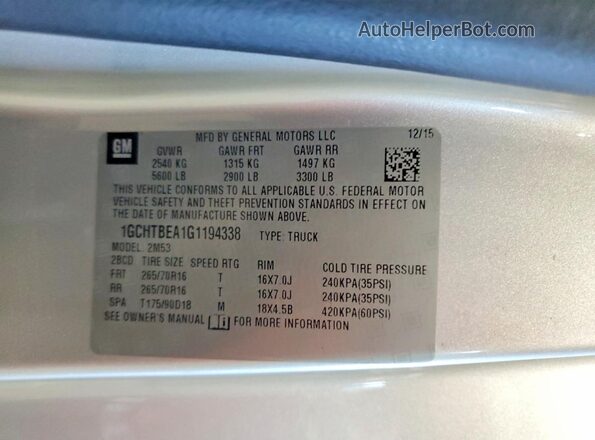 1GCHTBEA1G1194338 2016 CHEVROLET COLORADO Silver Widok naklejki z numerem VIN