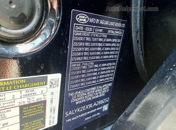 SALYK2EX9LA288252 2020 LAND ROVER RANGE Black Rear interior view