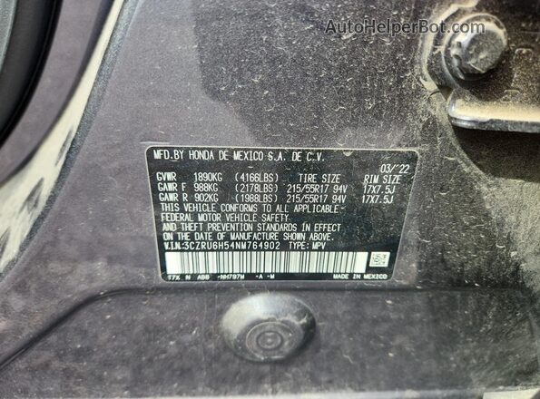 3CZRU6H54NM764902 2022 HONDA HR-V Gray Vista interior de 360 grados