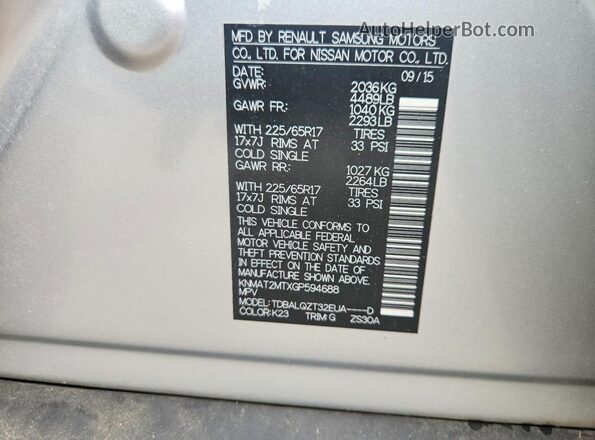 KNMAT2MTXGP594688 2016 NISSAN ROGUE Silver 