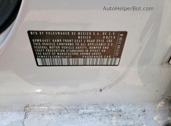 3VW637AJ3GM221677 2016 VOLKSWAGEN JETTA White Вид наклейки з VIN-кодом