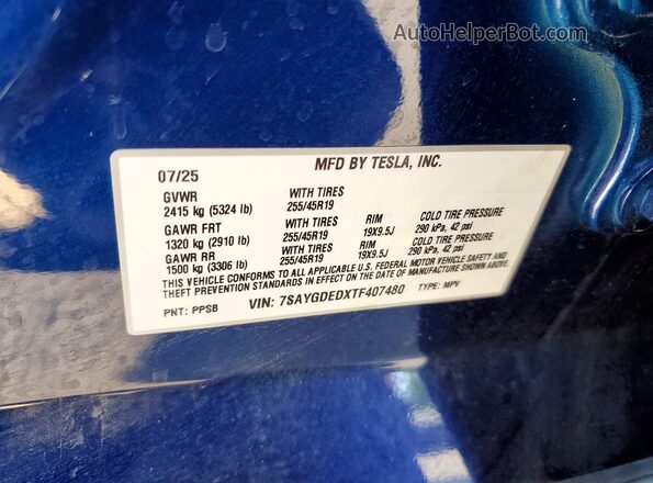 7SAYGDEDXTF407480 2026 TESLA MODEL Синий 