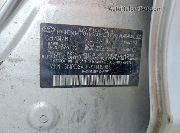 5NPD84LF2KH415084 2019 HYUNDAI ELANTRA Silver VIN კოდის სტიკერის ხედი