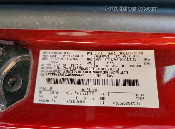 1FTFW1RGXJFB85431 2018 FORD F150 Red 