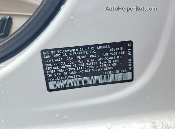 1VWCA7A34LC002474 2020 VOLKSWAGEN PASSAT White 