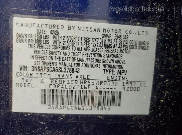 3N8AP6CA6SL378843 2025 NISSAN KICKS Blue VIN sticker view