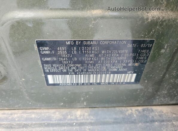 4S4BSANC2K3333518 2019 SUBARU OUTBACK Green 