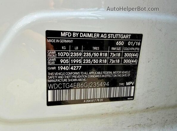 WDCTG4EB6GJ235494 2016 MERCEDES-BENZ GLA White Vista interior trasera