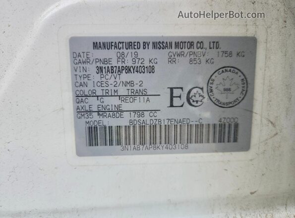 3N1AB7AP8KY403108 2019 NISSAN SENTRA White VIN sticker view