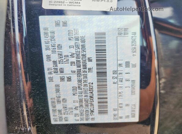 1FMCU9F6XMUA59312 2021 FORD ESCAPE Blue VIN կոդի պիտակի տեսք