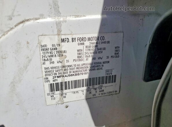 2FMPK4J98KBB70181 2019 FORD EDGE White 