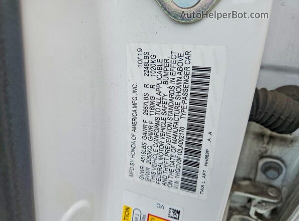 1HGCV3F10LA002170 2020 HONDA ACCORD White VIN sticker view