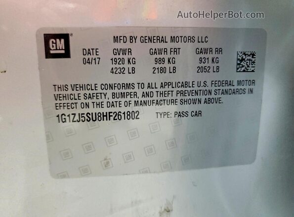 1G1ZJ5SU8HF261802 2017 CHEVROLET MALIBU Серебряный 