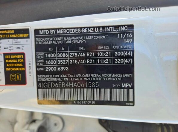 4JGED6EB4HA061585 2017 MERCEDES-BENZ GLE Белый Вид задней части салона