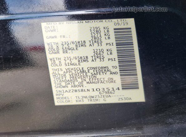5N1AZ2BS8LN103514 2020 NISSAN MURANO Черный Панорамный вид салона 360°