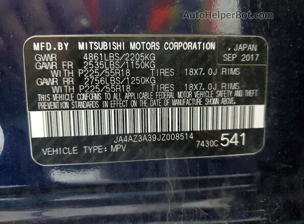 JA4AZ3A39JZ008514 2018 MITSUBISHI OUTLANDER Blue 