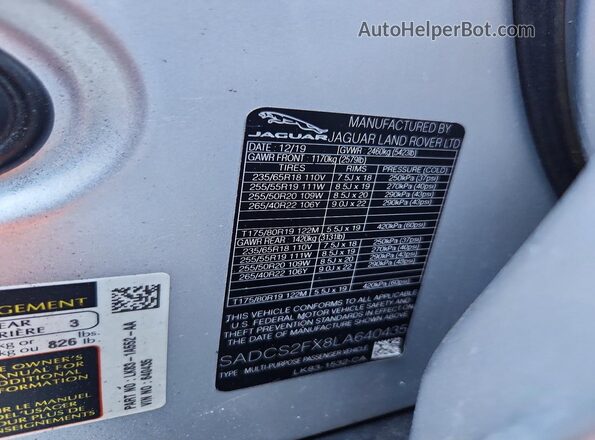 SADCS2FX8LA640435 2020 JAGUAR F-PACE Silver Панорамний вид салону 360°