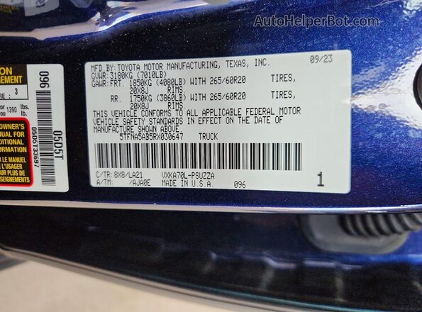 5TFNA5AB5RX030647 2024 TOYOTA TUNDRA Blue VIN კოდის სტიკერის ხედი