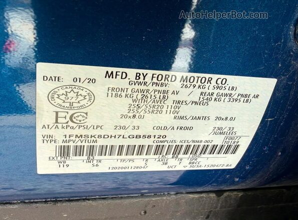 1FMSK8DH7LGB58120 2020 FORD EXPLORER Blue Rear interior view
